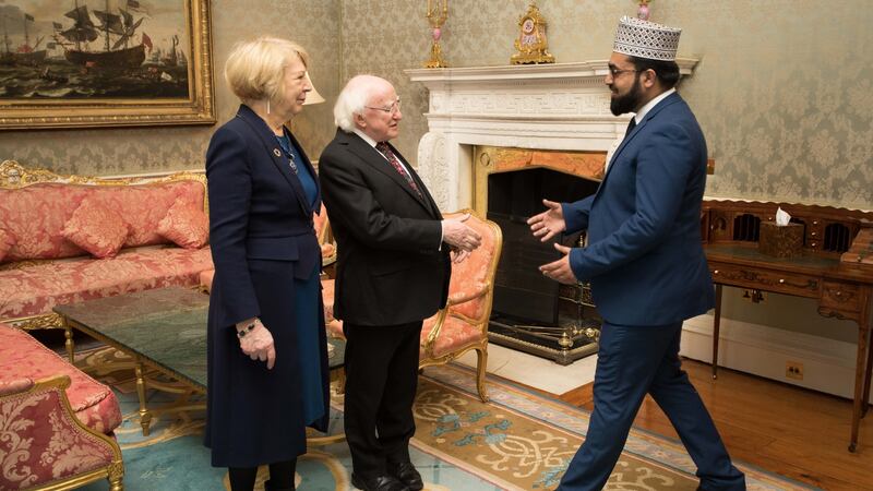 The President and his wife greet Dr Umar Al-Qadri at the Desertification – Ireland’s Role in this Global Challenge. Photograph: Tom Honan