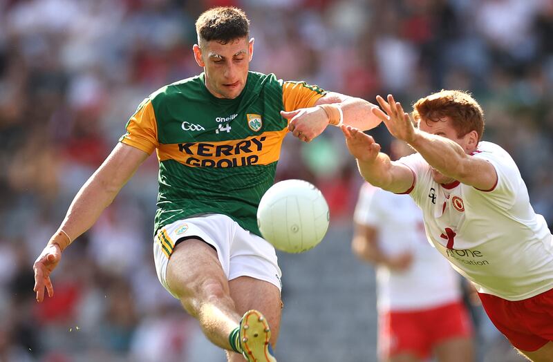 Kerry's Paul Geaney and Peter Harte of Tyrone during the All Ireland semi-final in 2021. Photograph: James Crombie/INPHO
