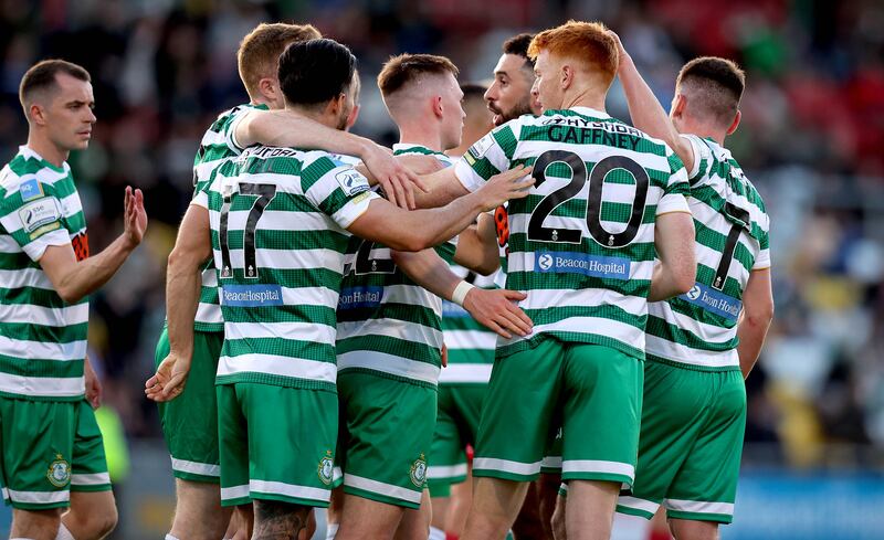 Rory Gaffney celebrates scoring Rovers' second. Photograph: Ryan Byrne/Inpho