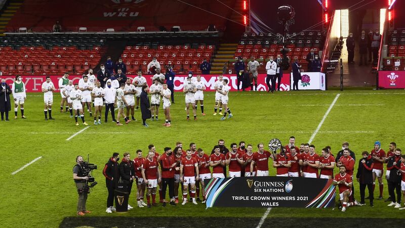 Wales celebrate their Triple Crown victory after they beat England in Cardiff. Photograph: Rebecca Naden/EPA