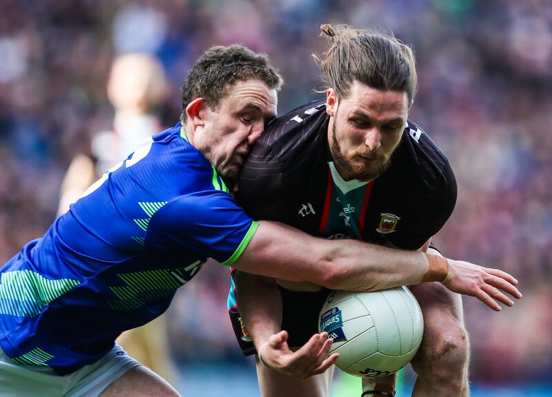 Padraig O'Hora (right) holds off Tadhg Morley of Kerry in last April's National Football League Division One final at Croke Park. Photograph; INPHO/Evan Treacy