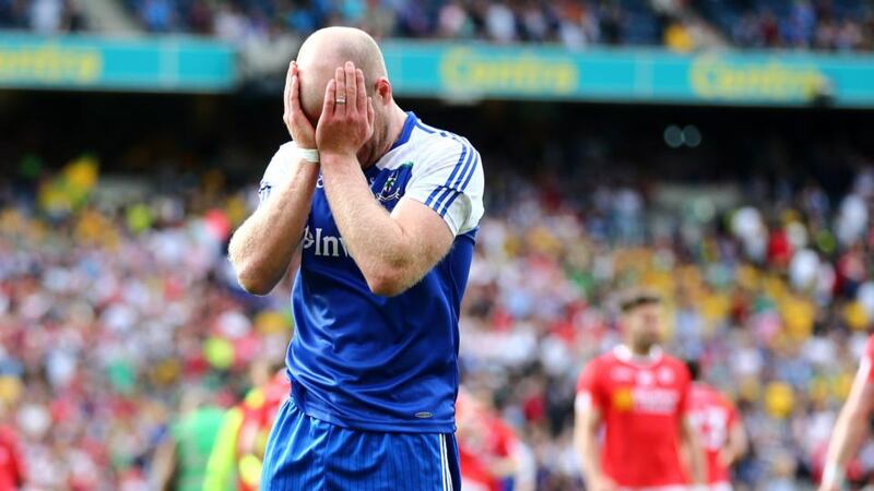 Dick Clerkin of Monaghan cannot hide his disappointment after losing to Tyrone. Photograph: Cathal Noonan/Inpho
