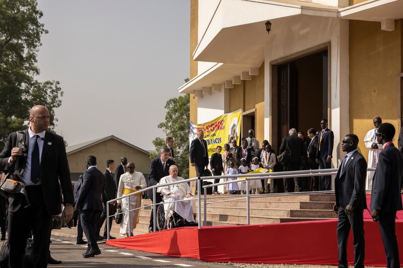 Pope Francis arrives at the Cathedral of St Therese in Juba, South Sudan’s capital, on Saturday, February 4th, 2023. On the last full day of his trip to Africa, Francis met with displaced South Sudanese people who have borne the brunt of the conflict in the region. Photograph: Jim Huylebroek/The New York Times