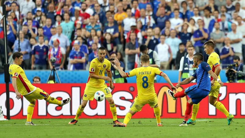 France’s Dimitri Payet scores their winner.  Photo: Chris Radburn/PA Wire.