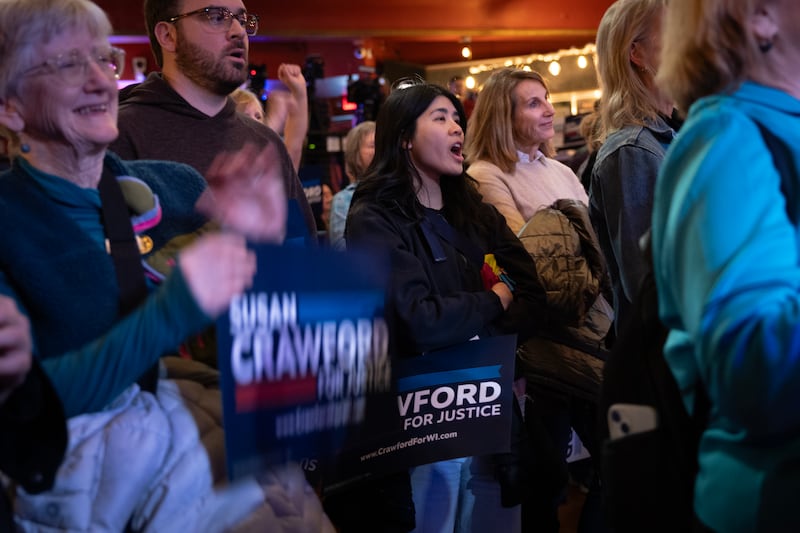 Supporters attend a campaign event with Susan Crawford in Madison ahead of the election for a place on the Wisconsin supreme court. Photograph: Scott Olson/Getty Images