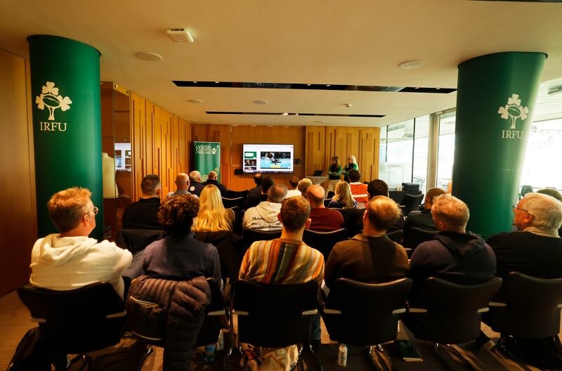Sara McFadden and Kristina Millar from Vision Sports Ireland speaking at the Audio Description Commentary Volunteer Training event which took place in the Aviva. Photograph: Alan Betson/ The Irish Times