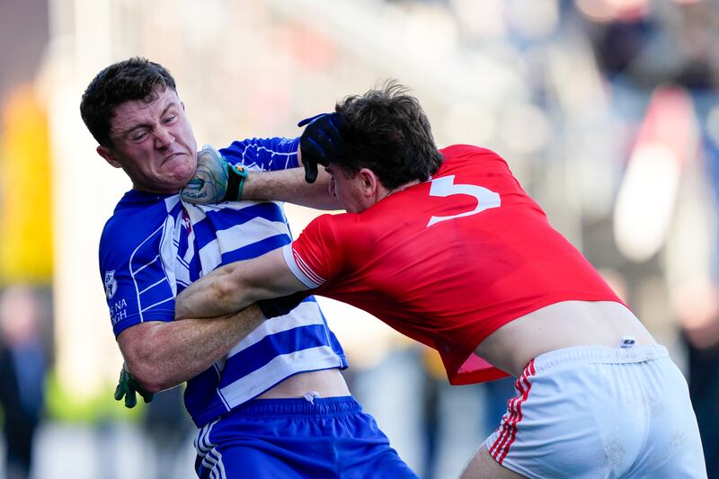 Alex Beirne of Naas and Michael Spillane of Athy get to grips with each other in Newbridge. Photograph: James Lawlor/Inpho