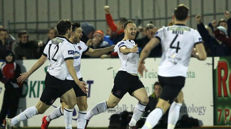 Dundalk goalscorer Stephen O’Donnell is congratulated by teammates Richie Towell and Ruadhrí Higgins. Photograph: Morgan Treacy / Inpho