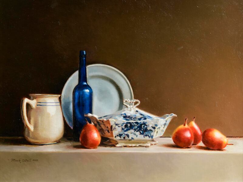 Still Life: Red Pears and Blue (2002) by Mark O’Neill (€5,000-€7,000)