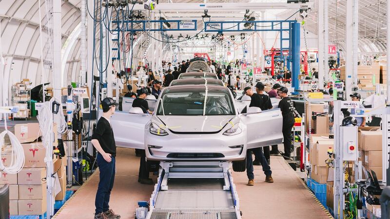 The Tesla Model 3 assembly line in Fremont, California. Photograph: Justin Kaneps/The New York Times