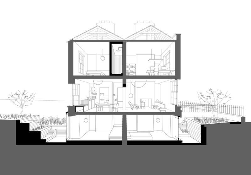 Upside down living puts bedrooms on the ground floor, with the office at the top of the house. Living areas are sandwiched in between