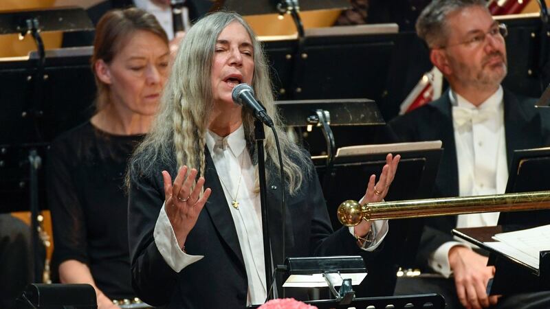 Singer Patti Smith performs Bob Dylan’s  A Hard Rain’s A-Gonna Fall during the 2016 Nobel prize-giving  ceremony in Stockholm. Photograph: Jonas Ekstromer/AP/TT News Agency