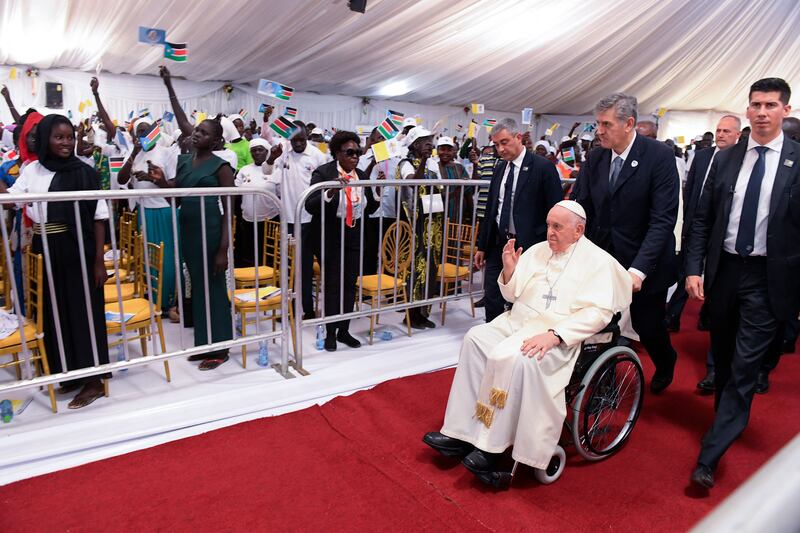 Pope Francis waves as he arrives for a meeting with internally displaced persons at the Freedom Hall in Juba, South Sudan, on February 4th. Photograph: Simon Maina/Getty Images