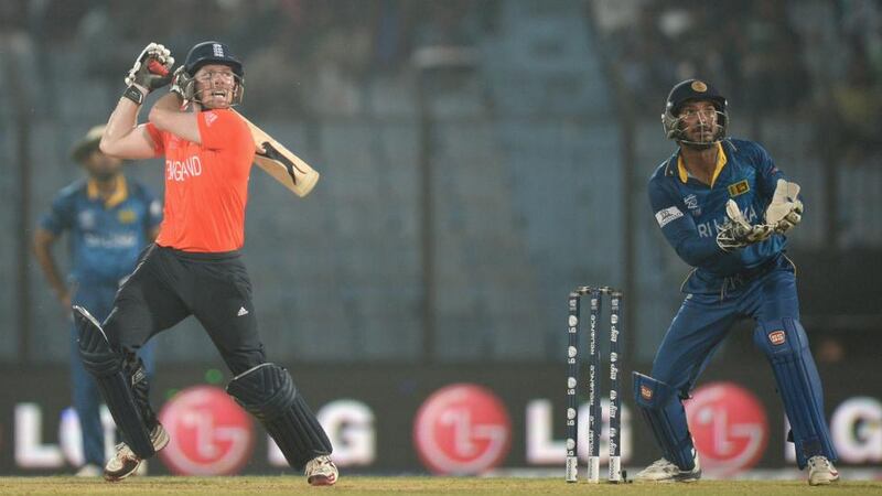 Eoin Morgan of England bats during the ICC World Twenty20 Bangladesh 2014 Group 1 match against Sri Lanka at Zahur Ahmed Chowdhury Stadium  in Chittagong, Bangladesh. Photograph:  Gareth Copley/Getty Images