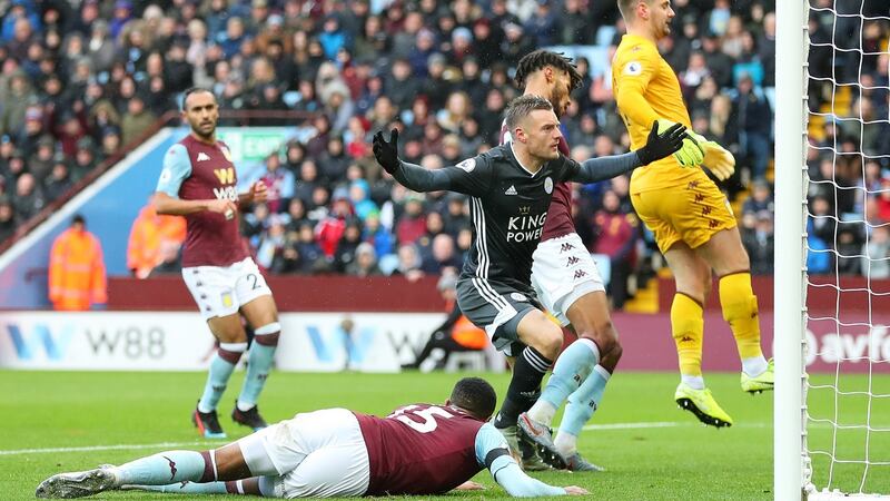 Jamie Vardy opens the scoring for Leicester at Villa Park. Photograph: Catherine Ivill/Getty