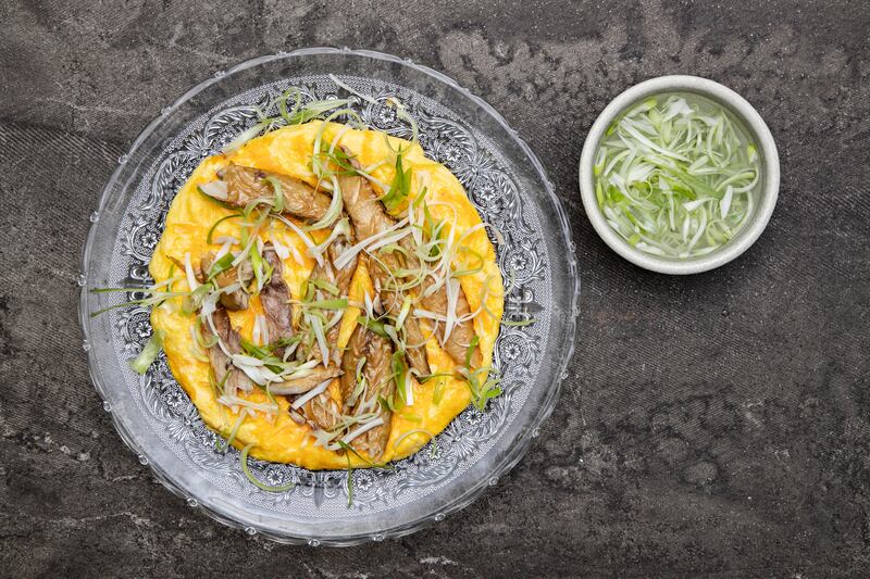Baked smoked mackerel omelette with melted cheddar. Photograph: Harry Weir Photography