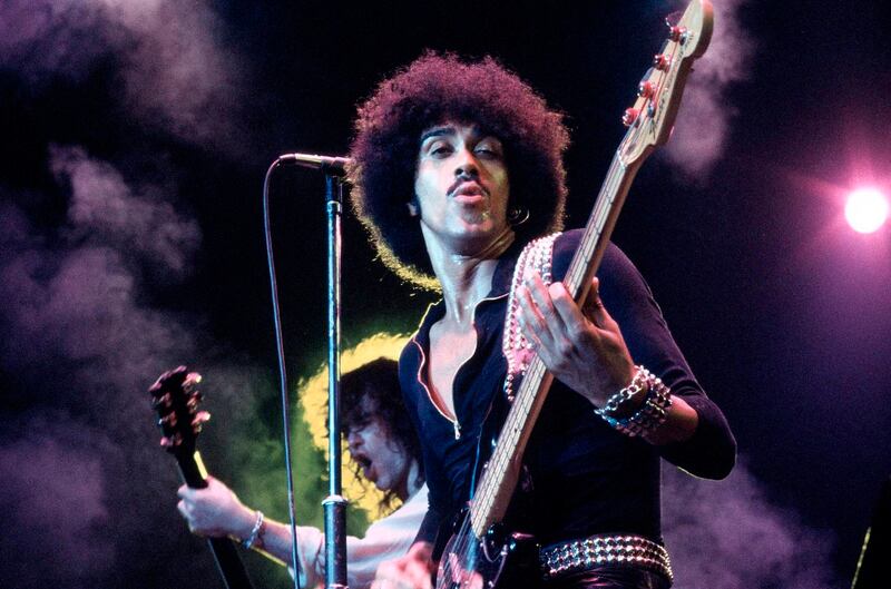 Phil Lynott performing live with Thin Lizzy in Wembley. Photograph: Fin Costello/Redferns