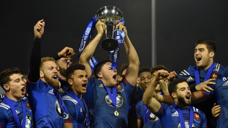 France’s prop Daniel Brennan  holds aloft the trophy after France won the Under-20 Six Nations in 2018 in Wales. Photograph: Paul Ellis/AFP/Getty Images