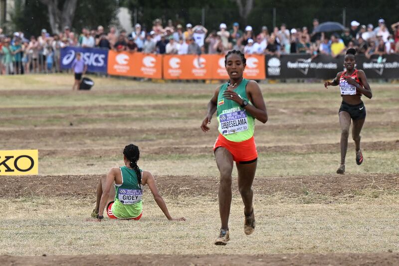 Letsenbet Gidey was overcome with exhaustion in the final 100m. Photograph: Saeed Khan/AFP via Getty Images