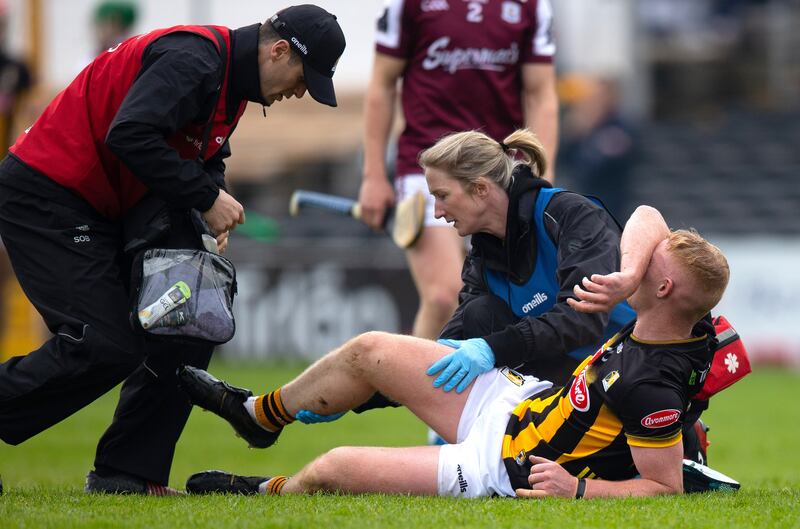 Kilkenny's Adrian Mullen receives treatment for an injury sustained against Galway in a Leinster SHC match in April. Photograph: Leah Scholes/Inpho