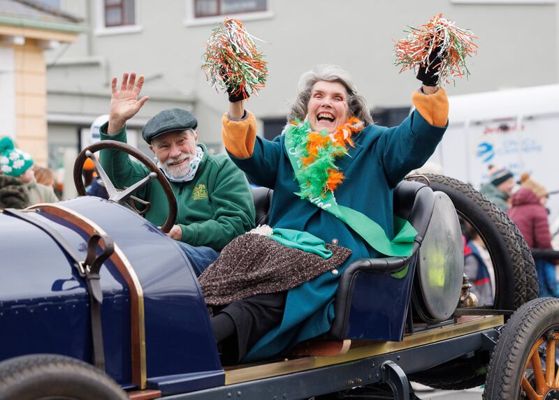 Greystones St Patrick's Day parade grand marshal Kathleen Kelleher leading the parade. Photograph: Andres Poveda