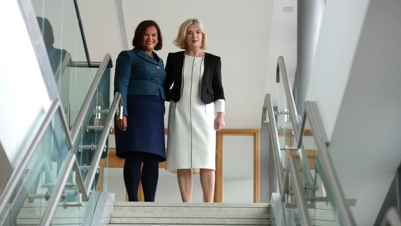 Sinn Féin leader Mary Lou McDonald with Liadh Ní Riada MEP, who will be the party’s candidate in the presidential election. Photograph: Cyril Byrne/The Irish Times.