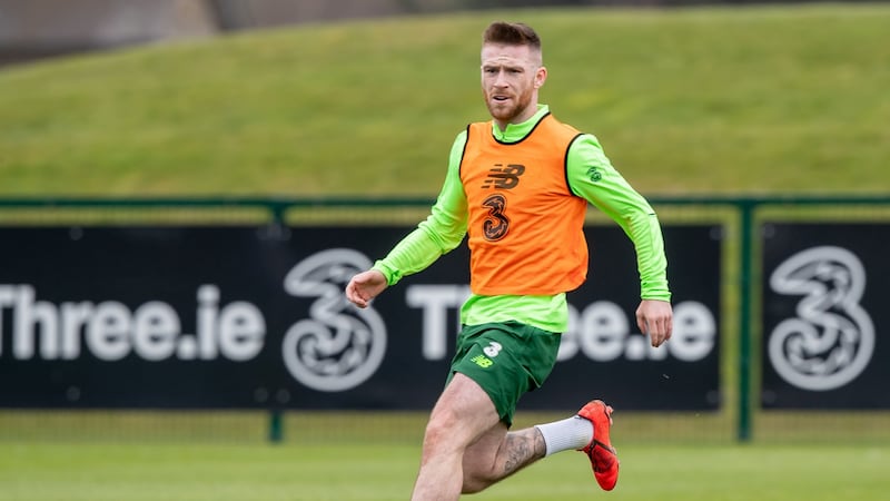 Jack Byrne in action during an Ireland training session at Abbotstown on Monday. Photograph:   Morgan Treacy/Inpho
