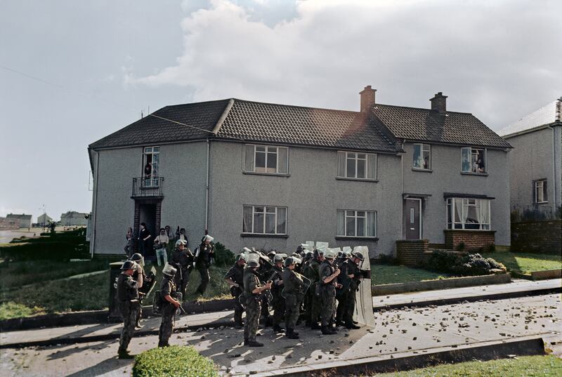 British soldiers in riot gear during a protest on the Creggan estate in Derry city in 1970.