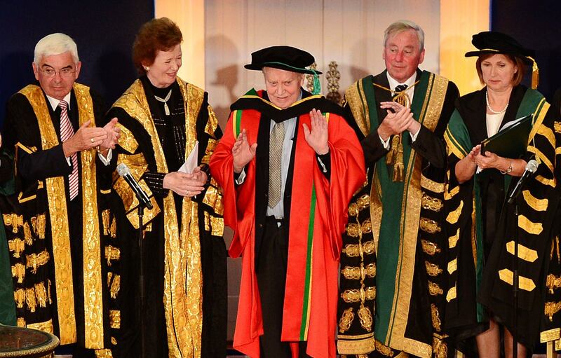 Chuck Feeney being conferred an Honorary Degree jointly by the Universities of Ireland North and South at a ceremony in Dublin Castle in 2012. Photograph: Alan Betson
 
