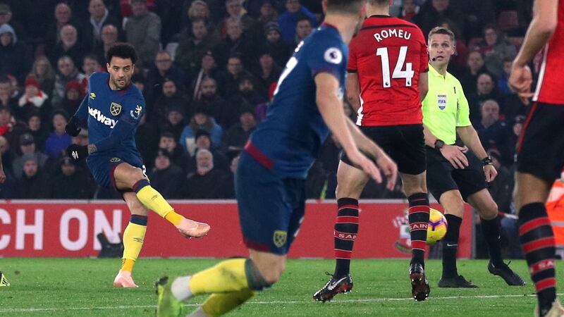 West Ham’s Felipe Anderson scores his first goal against Southampton at St Mary’s on Thursday night. Photograph: Reuters