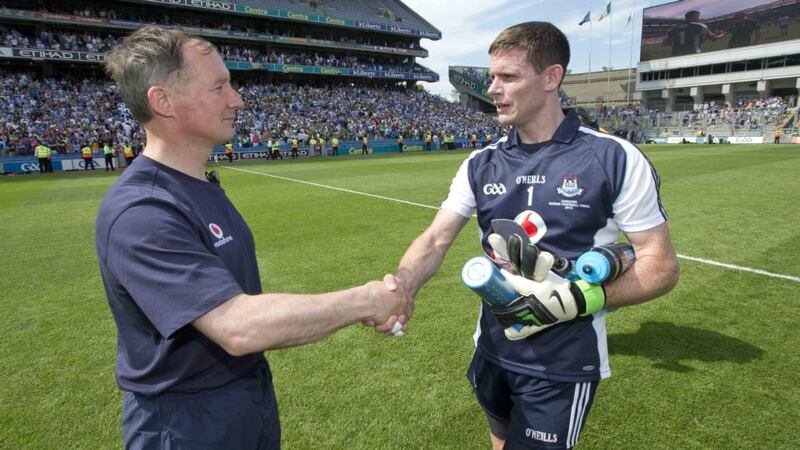 Dublin manager Jim Gavin congratulates his captain, Stephen Cluxton, after the Leinster SFC final victory over Meath at Croke Park on July 14th. Photograph: Morgan Treacy/Inpho