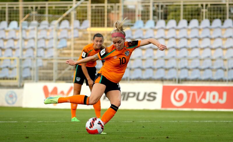 Republic of Ireland’s Denise O'Sullivan scoring. Photograph: Ryan Byrne