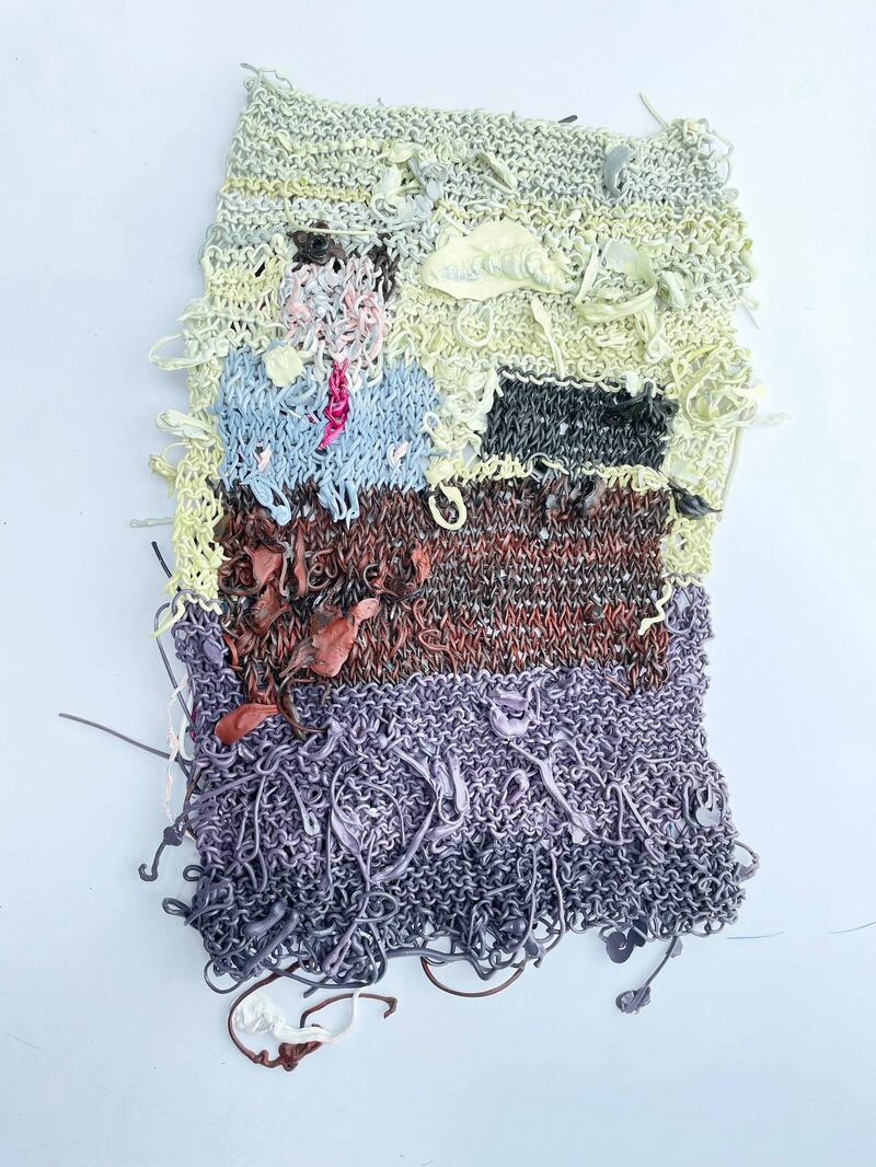 Emma Roche's work, Decision Maker, knitted acrylic paint on wooden lathes, 2023.