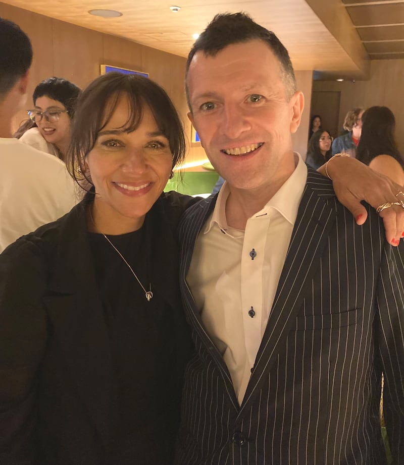 Sunny: Rashida Jones, the star of the Apple TV+ series, with Colin O’Sullivan, the Japan-based Irish author of The Dark Manual, the book on which the programme is based