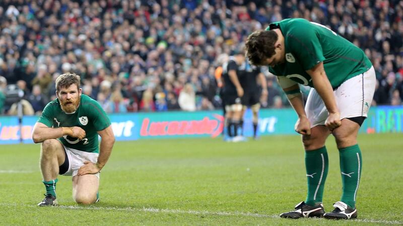 Gordon D’Arcy and Declan Fitzpatrick dejected after New Zealand’s last-gasp victory at the Aviva in 2013. Photograph: James Crombie/Inpho