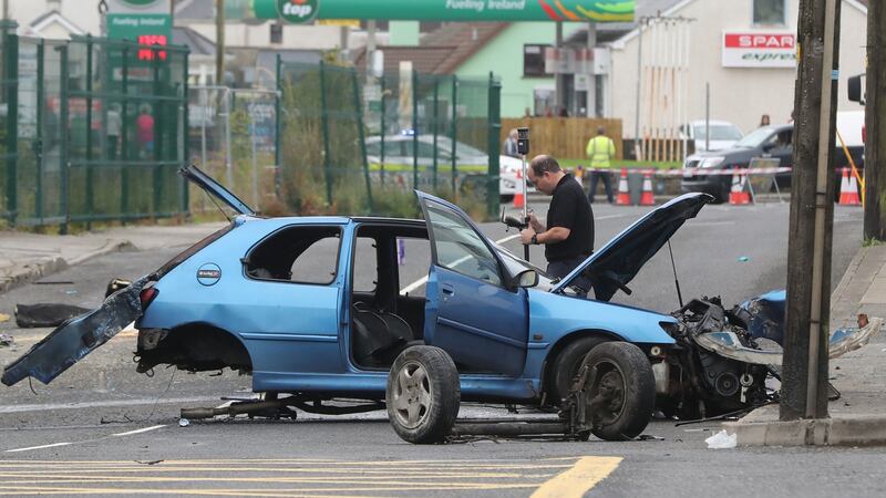 Gardaí at the scene of a road accident where two people died and three were injured in Eastend, Bundoran, Co Donegal, in the early hours of Sunday morning. Photograph: Niall Carson/PA Wire