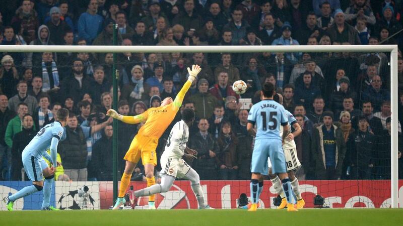 CKSA Moscow’s Seydou Doumbia scores his  first goal of the game past Joe Hart in the Manchester City. Photograph: Martin Rickett/PA Wire