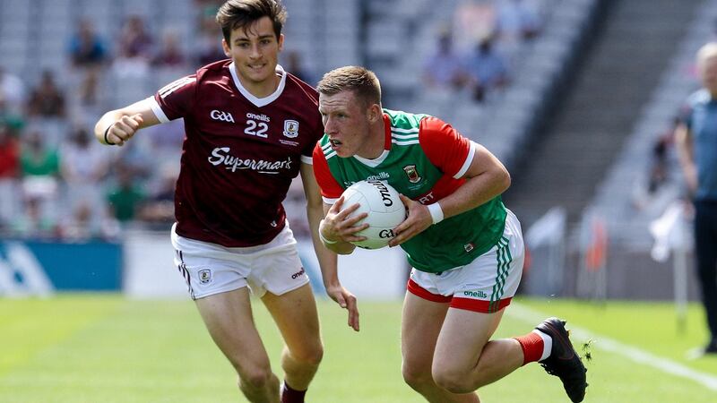 Mayo’s Ryan O’Donoghue and Finnian Ó Laoi of Galway during the Connacht SFC Final at Croke Park. Photograph: Lorraine O’Sullivan/Inpho