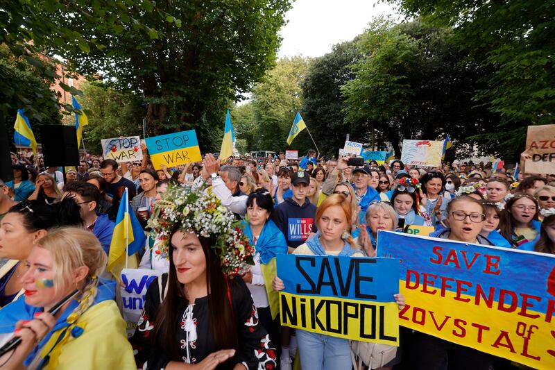A crowd of about 3,000, most wearing Ukraine’s flag colours of blue and yellow, gathered in Ballsbridge. Photograph: Alan Betson

