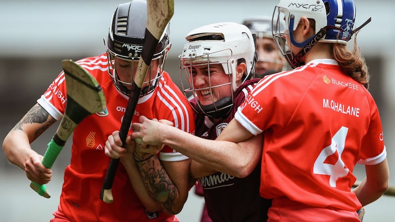Galway’s Ailish O’Reilly with Ashling Thompson and Meabh Cahalane of Cor in Sunday’s All-Ireland camogie final. Photograph: Brian Reilly-Troy/Inpho