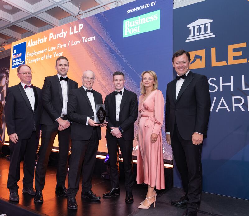 Richard Hammond, solicitor and partner at Hammond Good LLP and chair of the judging panel of the Leap Irish Law Awards; Éinde O’Donnell, partner at Alastair Purdy LLP; Noel Killeen, key account manager for Business Post; Robin Hyde, partner at Alastair Purdy LLP; Siobhan McGowan, partner at Alastair Purdy LLP; and Anton Savage, MC of the night. Photograph: Paul Sherwood