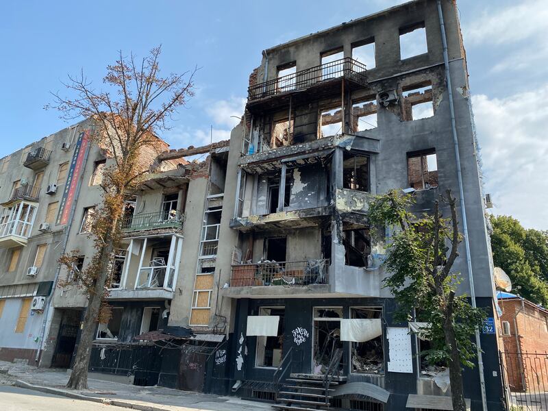 The owner of this artists’ cafe building in Kharkiv wants it restored, but the city says it is too badly damaged to be saved. Photograph: Lara Marlowe