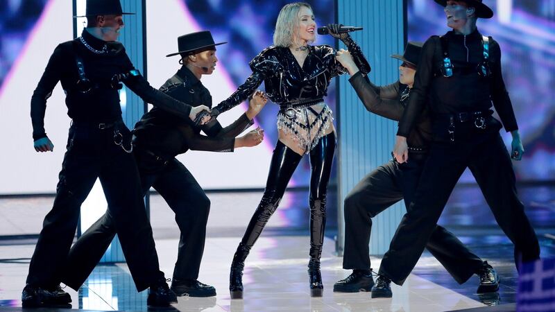 epa07570992 Tamta (C) of Cyprus performs during the First Semi-Final of the 64th annual Eurovision Song Contest (ESC) at the Expo Tel Aviv, in Tel Aviv, Israel, 14 May 2019. The Second Semi-Final takes place on 16 May, and the Grand Final is held on 18 May.  EPA/ABIR SULTAN