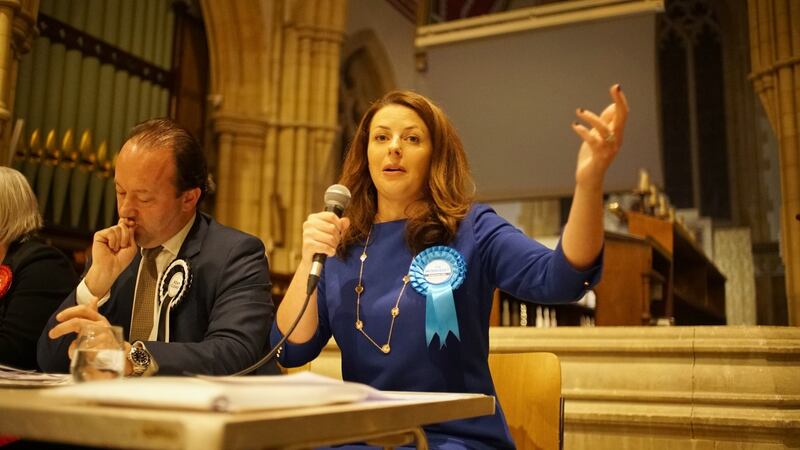 Conservative candidate Joy Morrissey, an American immigrant and former actor who starred in a low-budget comedy described by a UK tabloid as a “bonk fest”, says she sees Grieve as “really the independent Liberal Democrat candidate”.  Photograph: Enda O’Dowd