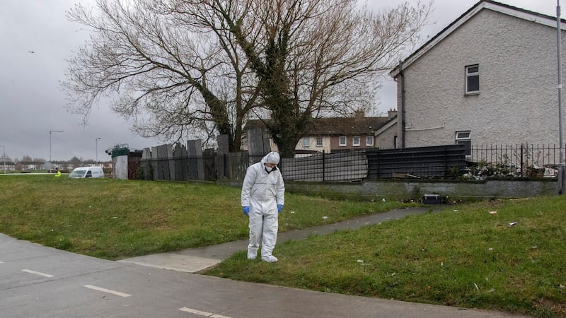 Gardaí at the scene on Wednesday morning at Shancastle Park, Clondalkin, where a man was shot and seriously injured. Photograph: Colin Keegan/Collins Dublin