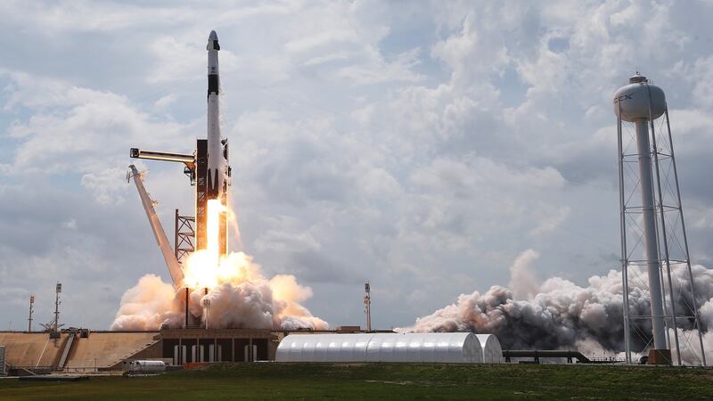 The SpaceX Falcon 9 rocket with the manned Crew Dragon spacecraft attached takes off from the Kennedy Space Center on Saturday. Photograph: Joe Raedle/Getty