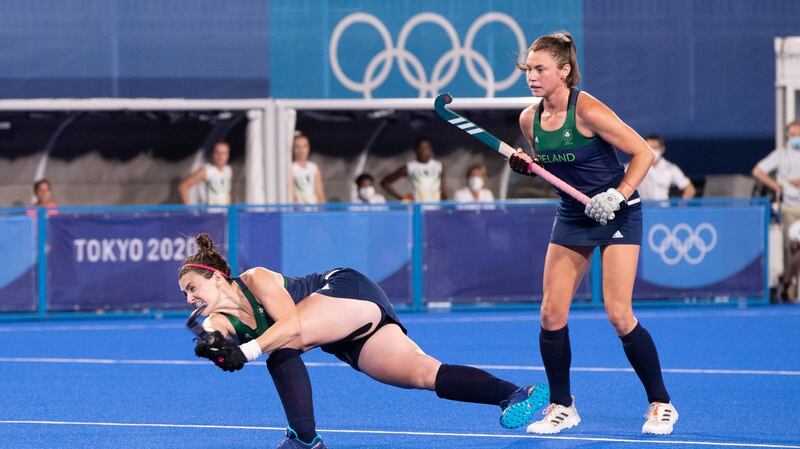 Ireland’s Róisín Upton scores  the opening goal in the match against South Africa at the Oi Hockey Stadium in Tokyo. Photograph: Morgan Treacy/Inpho