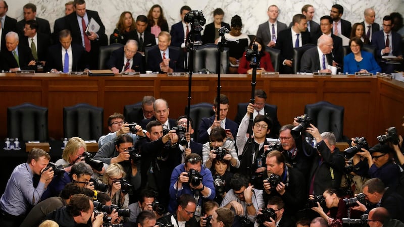 Facebook CEO Mark Zuckerberg is surrounded by members of the media as he arrives to testify before a Senate Judiciary and Commerce Committees joint hearing regarding the company’s use and protection of user data, on Capitol Hill in Washington. Photograph: Leah Millis/Reuters