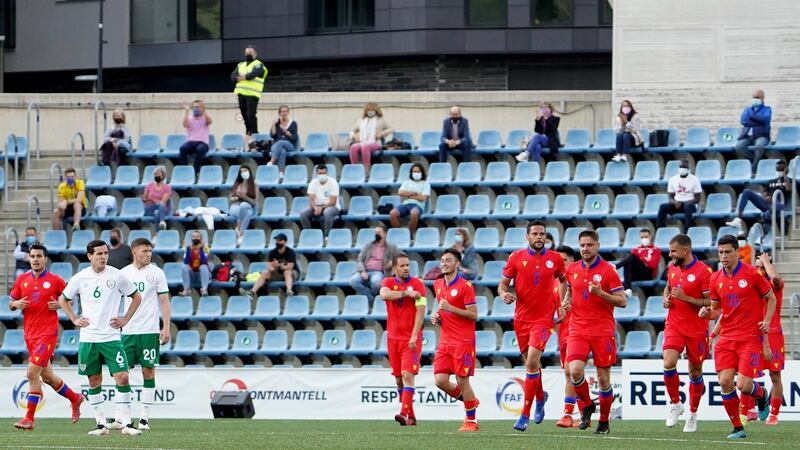 Andorra celebrate after Marc Vales opened the scoring against Ireland. Photograph: Sergio Ruiz/Inpho