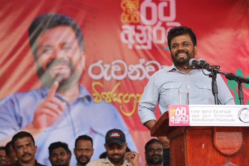 Presidential candidate Anura Kumara Dissanayake of NPP at a campaign rally in Dehiowita, Sri Lanka on Tuesday. Photograph: Chamila Karunarathne/EPA
